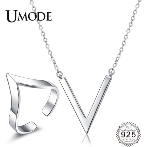 UMODE V Shape Letter 925 Sterling Silver Adjustable Open Rings 925 Silver Long Chain Necklaces Pendants Jewelry Sets ULS0015