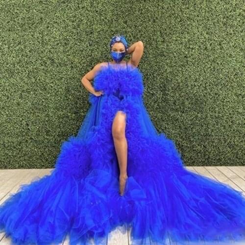 Gorgeous Royal Blue Women Tulle Prom Gowns Sexy High Side Split Long Robe Puffy Tulle Women Dresses Vestido De Mujer