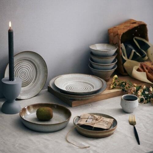 Handmade Japanese Tableware Retro Plate Personality Creative Dinner Plate Pasta Plate Salad Plate Vintage Stoneware