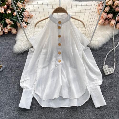 Street Trendy Cutout Shoulder Halter Neck Single Breasted Women Blouse Puffy Sleeves Casual Shirts