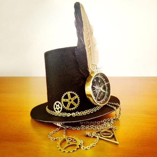 Retro Women Feather Hairclip Steampunk Mini Top Hat Lolita Cosplay Fedoras Hat Gothic Geer Compass Chain Head Wear Halloween Use