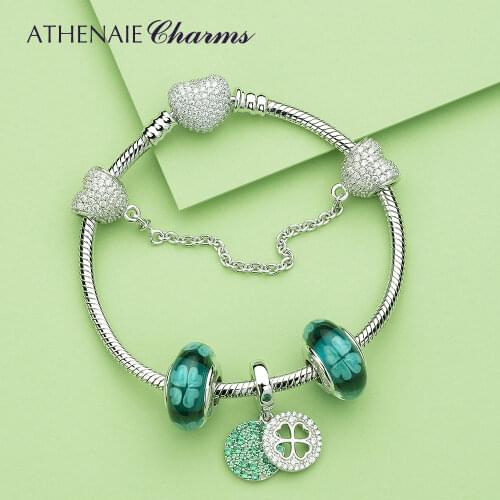 ATHENAIE 925 Sterling Silver Cubic Zircon Lucky Four Leaf Clover Charms Bracelet with CZ Charm Beads for Women Valentines Day