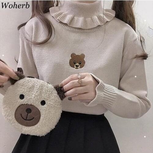 Woherb New Autumn Bear Embroidery Sweaters Fashion Cute Ruffle Turtleneck Pullovers Women Bastic Kintting Jumper Japan Style