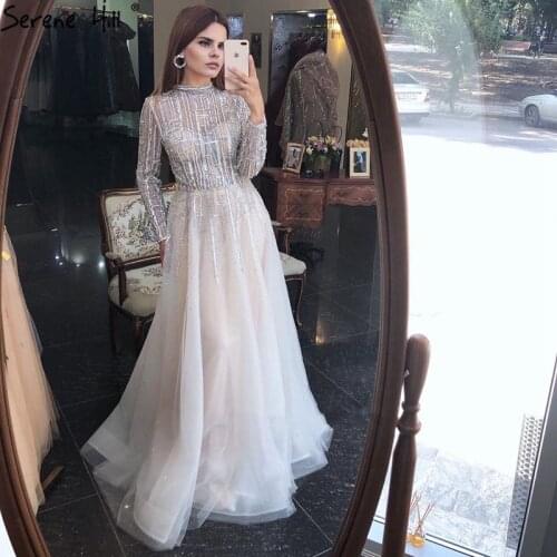 Serene Hill Beading Muslim Long Sleeeves High Co Silver Luxury Evening Dresses Gowns 2021 A-Line Crystal For Women Party LA70514