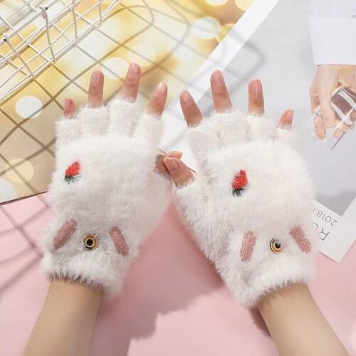 Winter Gloves Women Girls Cute Rabbit Mittens Autumn Knit Fluff Flip Cover Plush Fingerless Hand Glove