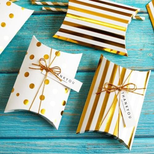 20pcs Gold Stamping Striped Dots Thank You Merci Pillow Shape Paper Box Wedding Birthday Party Favor Gift Box Wrapping Packaging