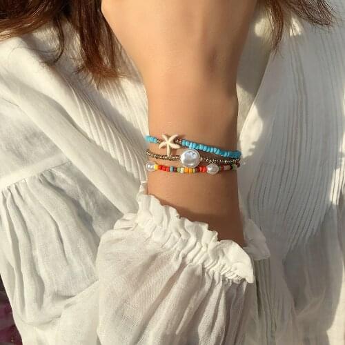 Resin Strand Friendship Bracelets Multi Layer For Women Boho Handmad Rice Beads Pearl Starfish String Luxuri Bead Bracelet