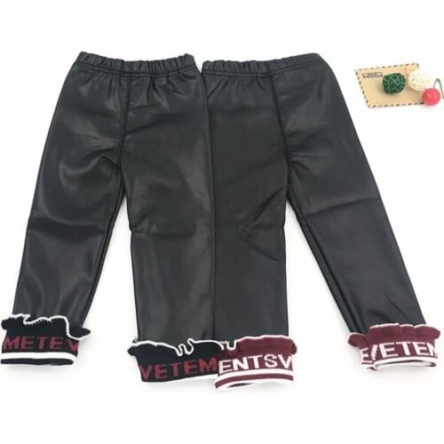 Children Girls Leggings Winter Faux Leather Plus Velvet Kids Girls Letter Lace Pants Warm Windbreaker Leggings Pants For 2-6Y