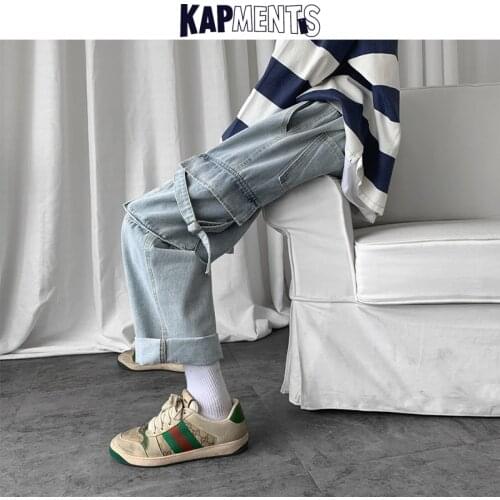 KAPMENTS Men Big Pocket Harajuku Baggy Jeans 2021 Mens Japanese Streetwear Denim Trousers Man Wid Leg Japan Fashion Casual Pants