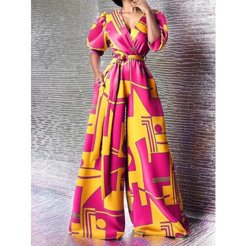 Elegant Ladies Long Jumpsuits Summer Printed Short Sleeve Wide Leg Pants Sashes Romper Women Party Club One Piece Outfits Overal