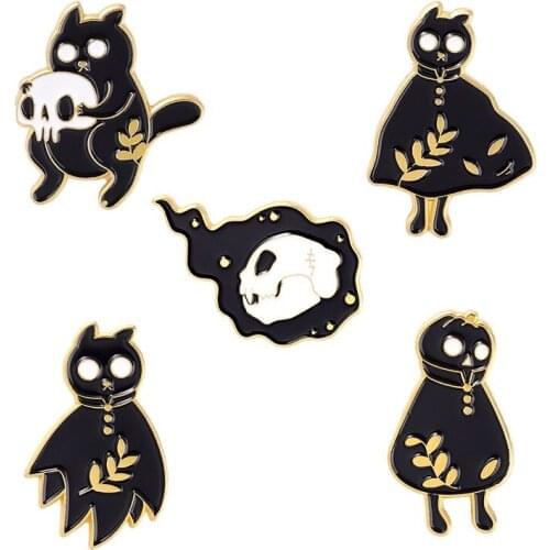 Black Cat Lapel Pins Cartoons Skull Enamel Brooches Womens Anime Badges For Halloween Decorative Hijab Pins Brooch For Clothes