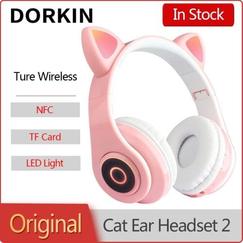Dorkin Cat Ear Headset 2 Wireless Bluetooth 5.0 LED Light Noise Cancelling Youth Kids Girl Headphones with Mic Support TF Card