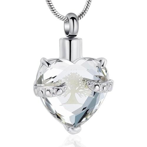 IJD9790 Stainless Steel Cremation Memorial Jewelry Life Tree for Ashes Keepsake White Glass Heart Pendant Necklace Jewelry