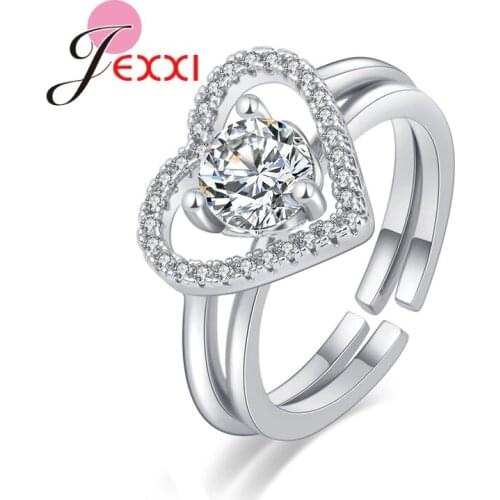 Fine Jewelry 925 Sterling Silver Rings For Women Girls Shiny AAAA Cubic Zircon Heart Rings Adjustable Size Statement Ring