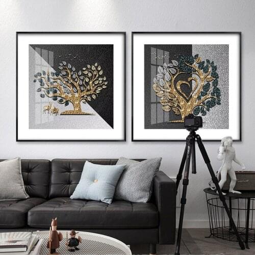 Modern Abstract Golden Texture Deer Canvas Prints Paintings Happy Tree Posters Nordic Wall Art Pictures Living Room Home Decor