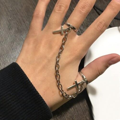 Hip-Hop Silver Color Plated Retro Punk Cross Ring Hand Finger Chain Adjustable Rings Jewelry Gift for Men Women Unisex Ring