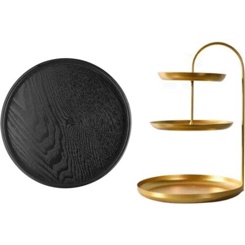 Round Solid Wooden Tea Table Tray Black With Nordic Three Layer Storage Tray Gold Cosmetics Storage Tray