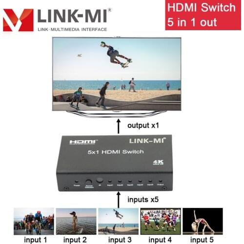 LINK-MI 5x1 4K HDMI Switch Support 3D CEC 36bit Ultra HD 4K30Hz HDMI 5 in 1 out Video Audio Switcher 5 to 1 Selector with Remote