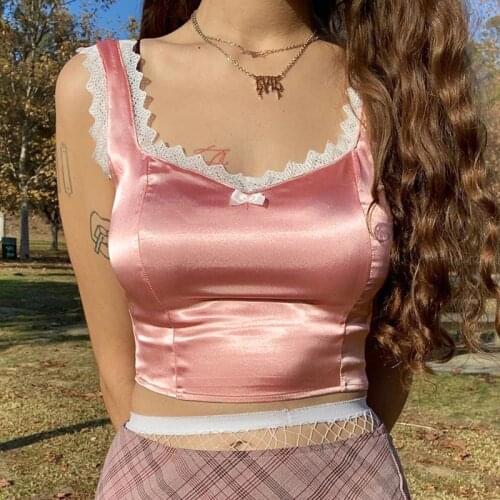 Y2K Satin Cute Bow Lace Trim Tank Top Sexy V-Neck Sleeveless Cropped 90S Aesthetics Sweet Girl Milkmaid Vest Clothes Streetwear