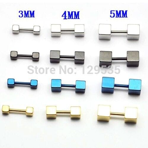 3 4 5mm width Cube Square titanium steel Punk Men Screw Back (pierced) stud earrings 4 colors