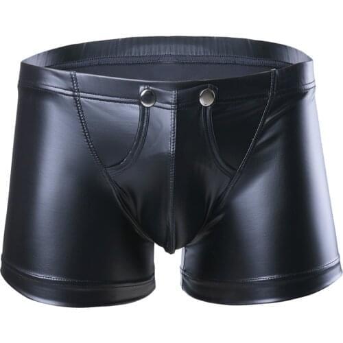 Mens Sexy Lingerie Leather Underwear Exotic Gay Homme Shorts Underpants Press Button with Bulge Pouch Sexy Panties