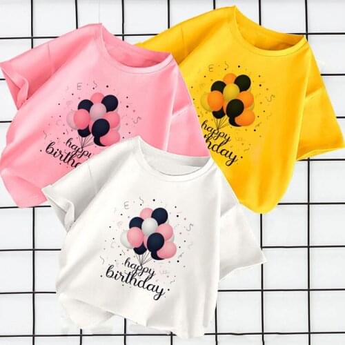 New Product Balloon Happy Birthday Letters Printed Clothes For Girls Harajuku-Style Little Teen Girls Summer Clothes Boy T-Shirt