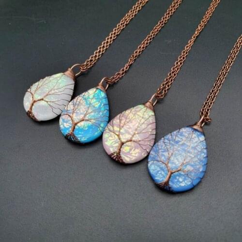 Handmade Tree of Life Copper Wire Wrapped Necklace Pendant Blue Pink Resin Water Drop Healing Crystal Necklace Women Jewelry