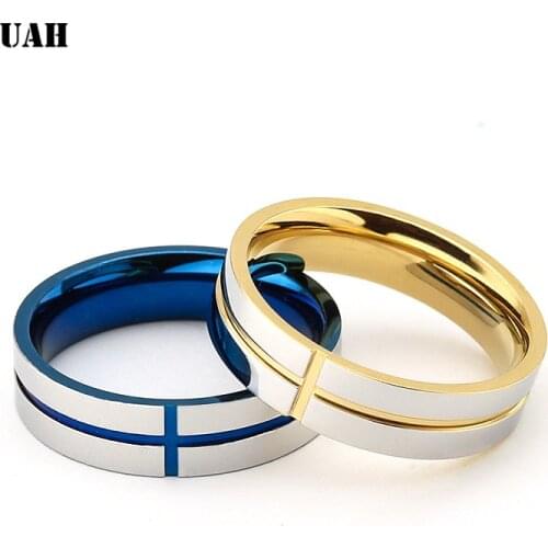 UAH 6mm Couples Rings Stainless Steel Blue Gold Cross Engagement Rings For Women Men Lovers Fashion Wedding Ring