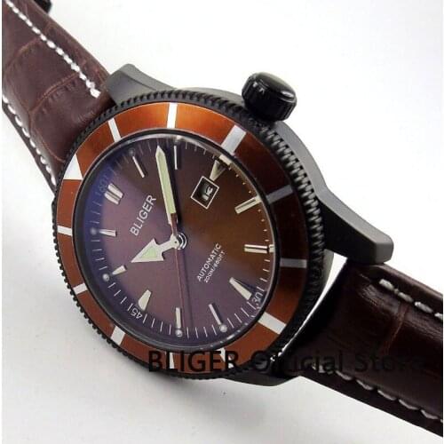 Casual 46MM BLIGER Brown Dial Brown Turning Bezel PVD Coated Case Luminous Pointer Miyota Automatic Movement Mens Watch B134