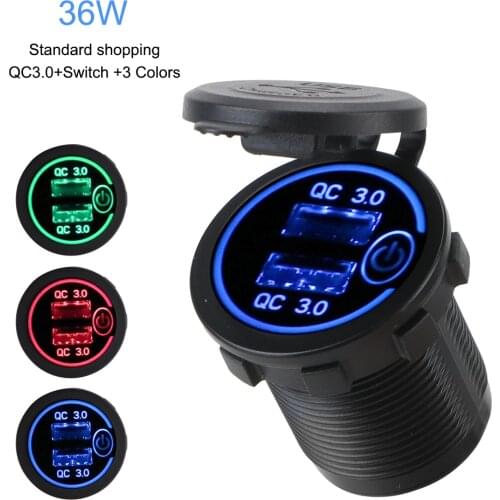 QC 3.0 36W for Car Truck ATV DVR GPS Dual USB Charger Socket 12V/24V Touch Switch LED Display with Caps Motorcycle Quick Charger