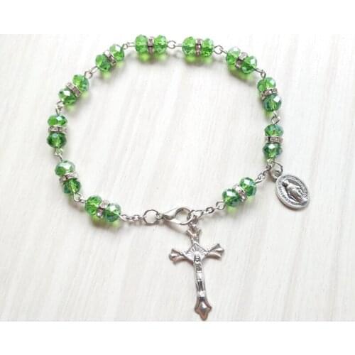 QIGO Religious Jewelry Metal Jesus Cross Beads Strand Crystal Rosary Bracelet For Women Green Blue