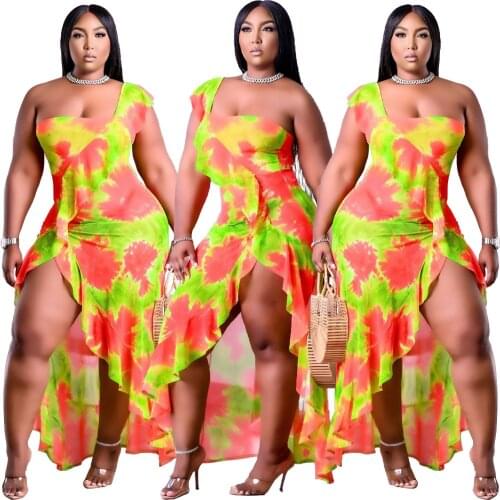 Multicolor Sexy Print Split Joint One Shoulder Irregular Dress Plus Size Dresses