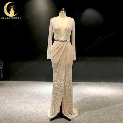 Rhine Real Zuhair Murad Champagne Long Sleeves V Neck Slit Sequins vestidos de fiesta Evening Dress Long вечернее платье