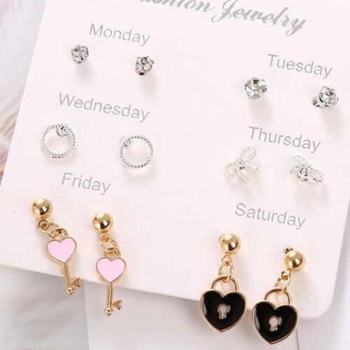 Simple Week Stud Earrings Sets Statement Heart Lock Dripping Oil Stud Earrings for Women Simple Wild Girl Gift 6 Pairs/set