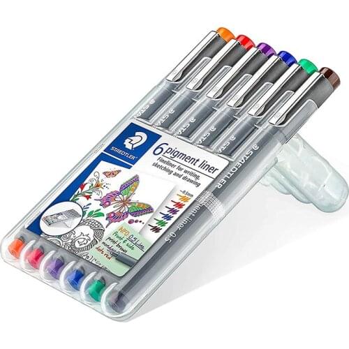 Staedtler 308 Pigment Liner Fineliner –0.3mm 0.5mm - Wallet of 6 Assorted Colours