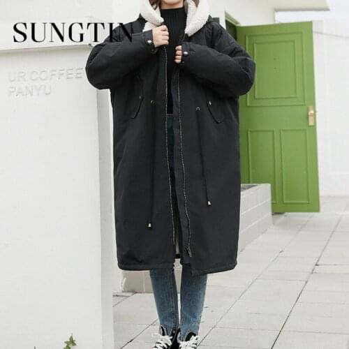 Sungtin Lambs Wool Loose Long Parkas Coat with Drawstring Women Hooded Winter Warm Jackets 2021 Korean Elegant Thicken Outwear