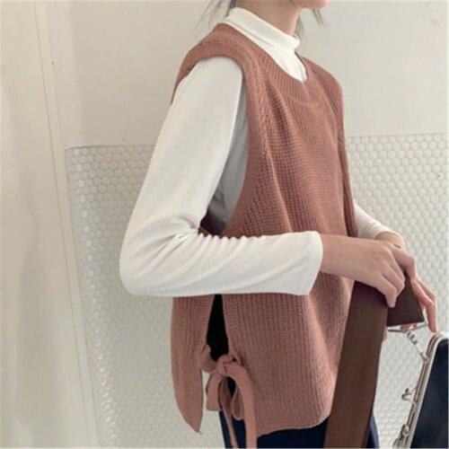 Sweater Vest Women Solid Side-slit Casual Loose Sweet Sweaters Womens Spring All-match Designed Korean Style O-neck Outwear New