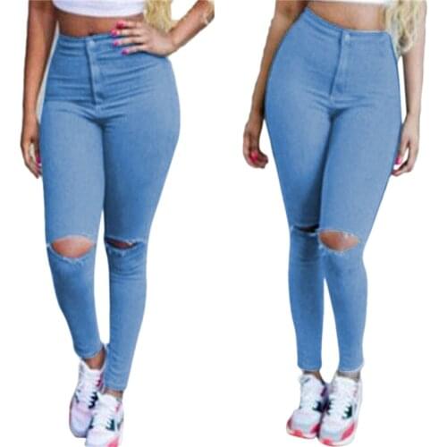Ladies Fashion High Waist Pencil Pants Stretch Broken Hole Jeans Pants With Zipper Women Sexy Denim Skinny Trousers For Female