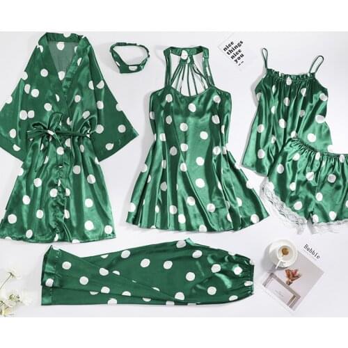 Women 5 Pieces Pajamas Sets +Headband Female Sexy Lace Robe Pajamas Sleepwear Kit Dot Print Autumn Nightwear Homewear