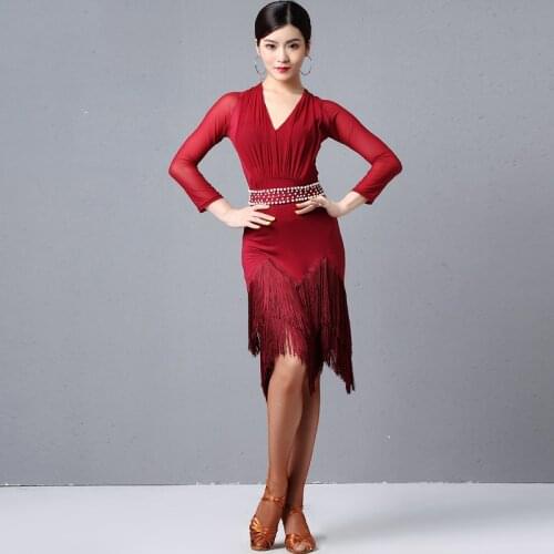 Latin Dance Dresses Female Latin Dance Practice Fringe Skirt Adult Autumn And Winter Sexy Long Sleeve Tassel Dresses DQL2470