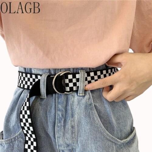 Fashion Street Style Women Punk Checkerboard Long Belt D Ring Plaid Checkered Belts Jeans Black Blue Yellow Canvas Strap 234
