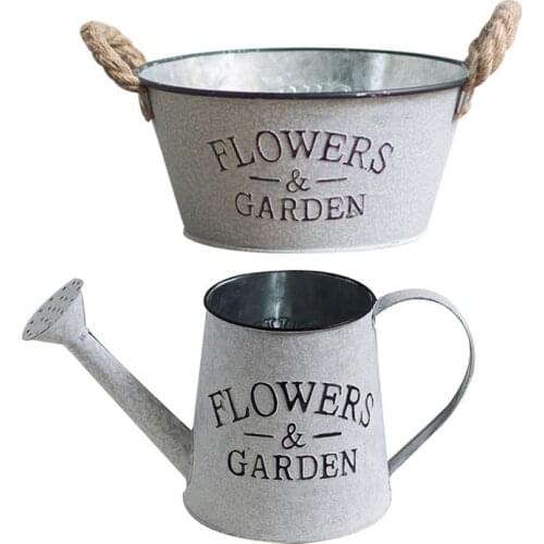 2pcs Indoor Flower Pot Flower Vase Vintage Jug Shabby Flower Pot Bucket Planter Tinplate Fleshy Plant Pot Barrel