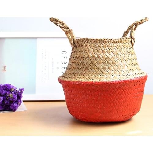 2 Pieces Foldable Handmade Storage Baskets, Folding Wicker Rattan Seaweed Garden Flowerpot Laundry Basket Panier Osier