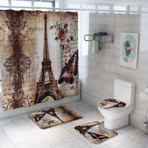 4Pcs/set Eiffel Tower Shower Curtain Set Bathroom Mat Set Non-slip Butterfly Landscape Bath Mat Curtains Floor Mat Toilet Rug