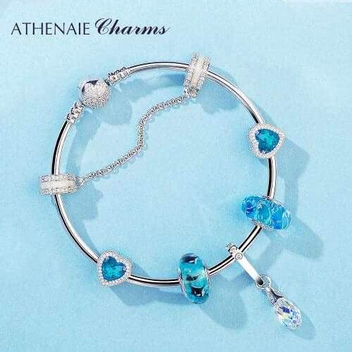 ATHENAIE 925 Sterling Silver Italian Murnao Glass Shine Zircons Blue Ocean Dolphin Charms Bracelet For Women Jewerly Gift