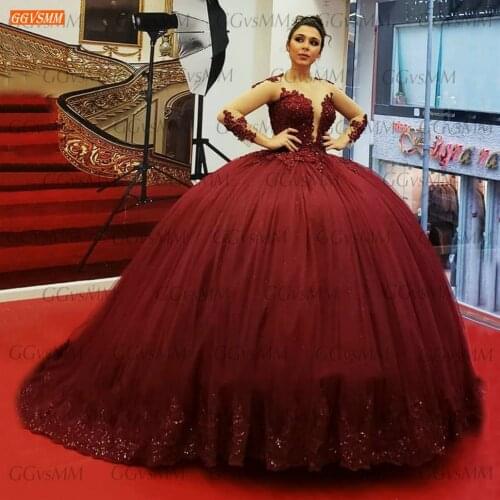 Dubai Burgundy Evening Dresses Long Sleeves 2021 Vestidos De Fiesta De Noche Lace Beading Party Gown Women Robe De Soirée Femme