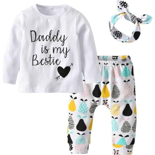 Newborn Baby Girls Clothes Cute Long Sleeve Daddy is my Bestie T-shirt Tops+Pants+Headband 3Pcs Autumn Infant Clothing Set