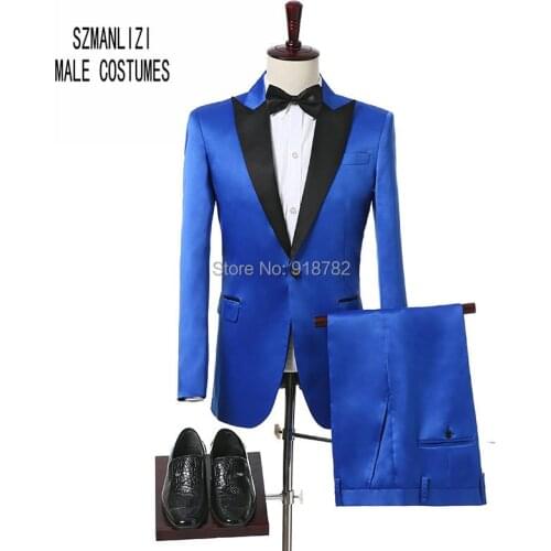 Royal Blue Wedding Suit 2018 Fashionable Formal Tuxedo Satin Blue Party Proom Dress Coat Groom Suits Men Suit