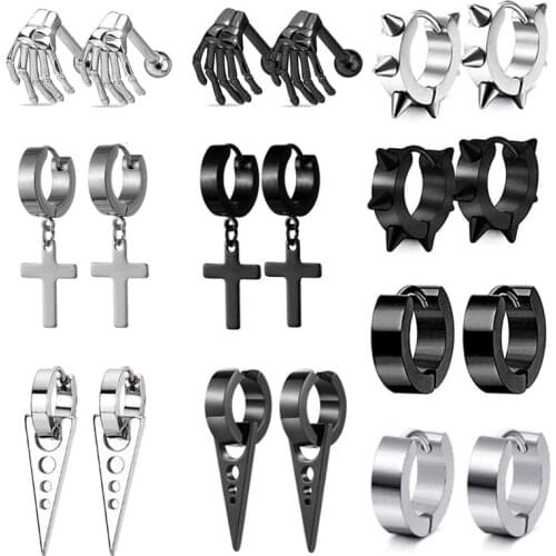 2Pcs Trendy Mens Women Universal Earring Set Stainless Steel Cross Pendant Round Stud Earrings Piercing Jewelry Ear Clips