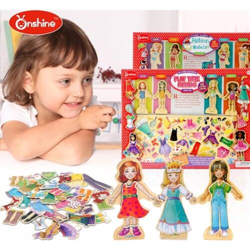 Onshine 63pcs Wooden puzzle magnetic Changing clothes DIY fashionable girl favorite dressing toy gift kid birthday gift set